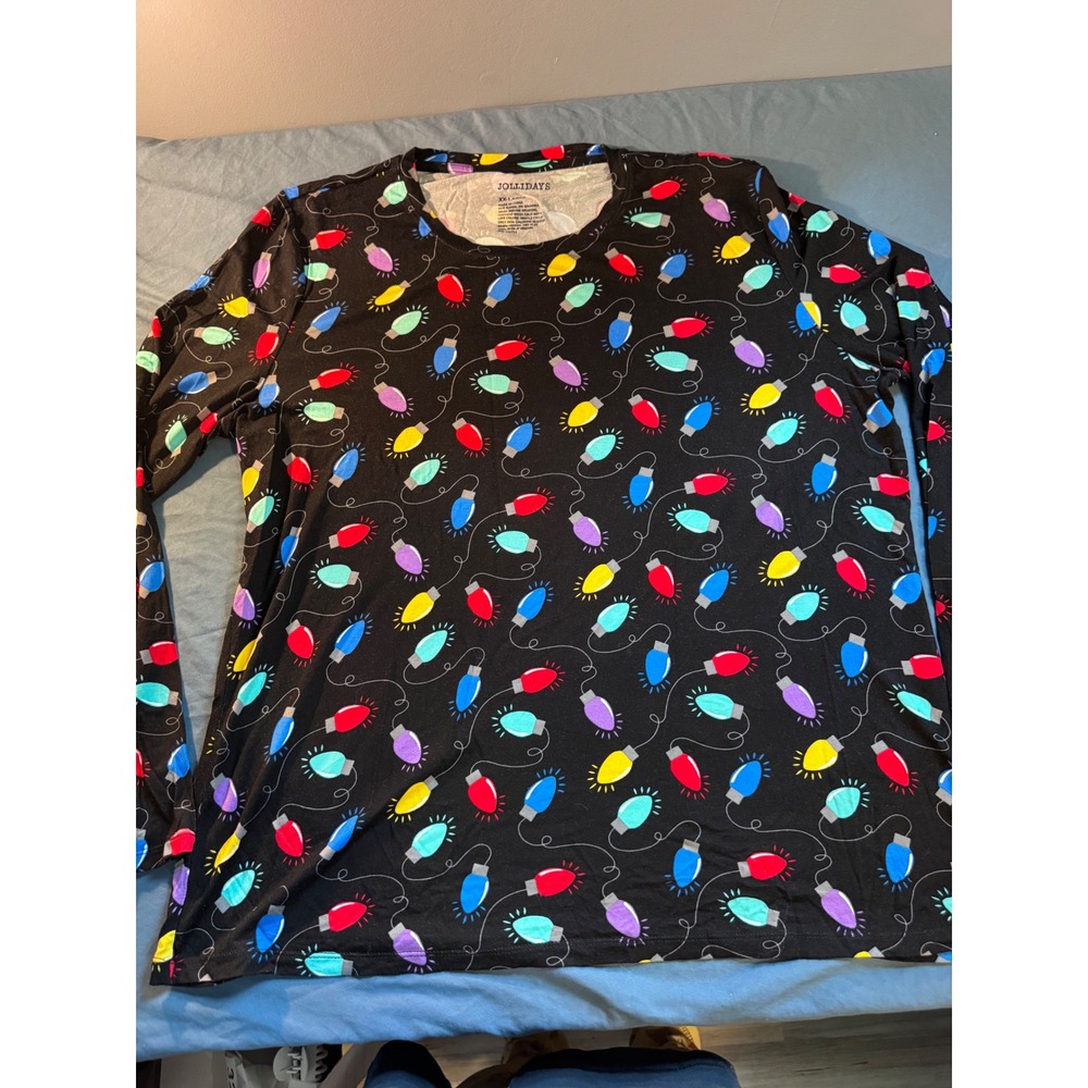 Jollidays Christmas Light Bulb Print Long Sleeve Top Black XXL Holiday Shirt